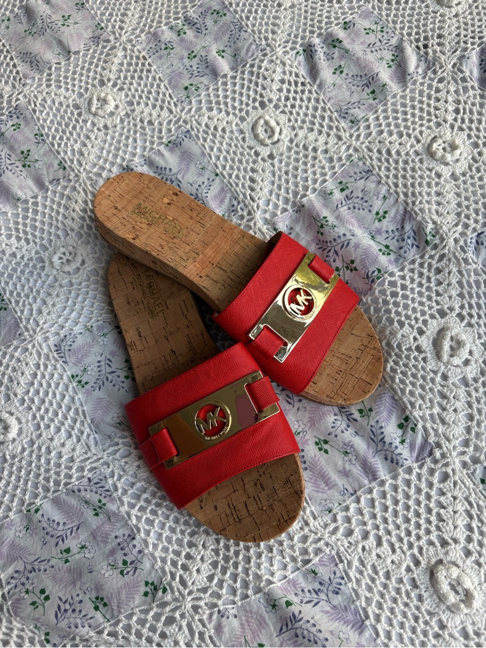 Michael Kors Red Slide Sandals with Gold MK Plaque